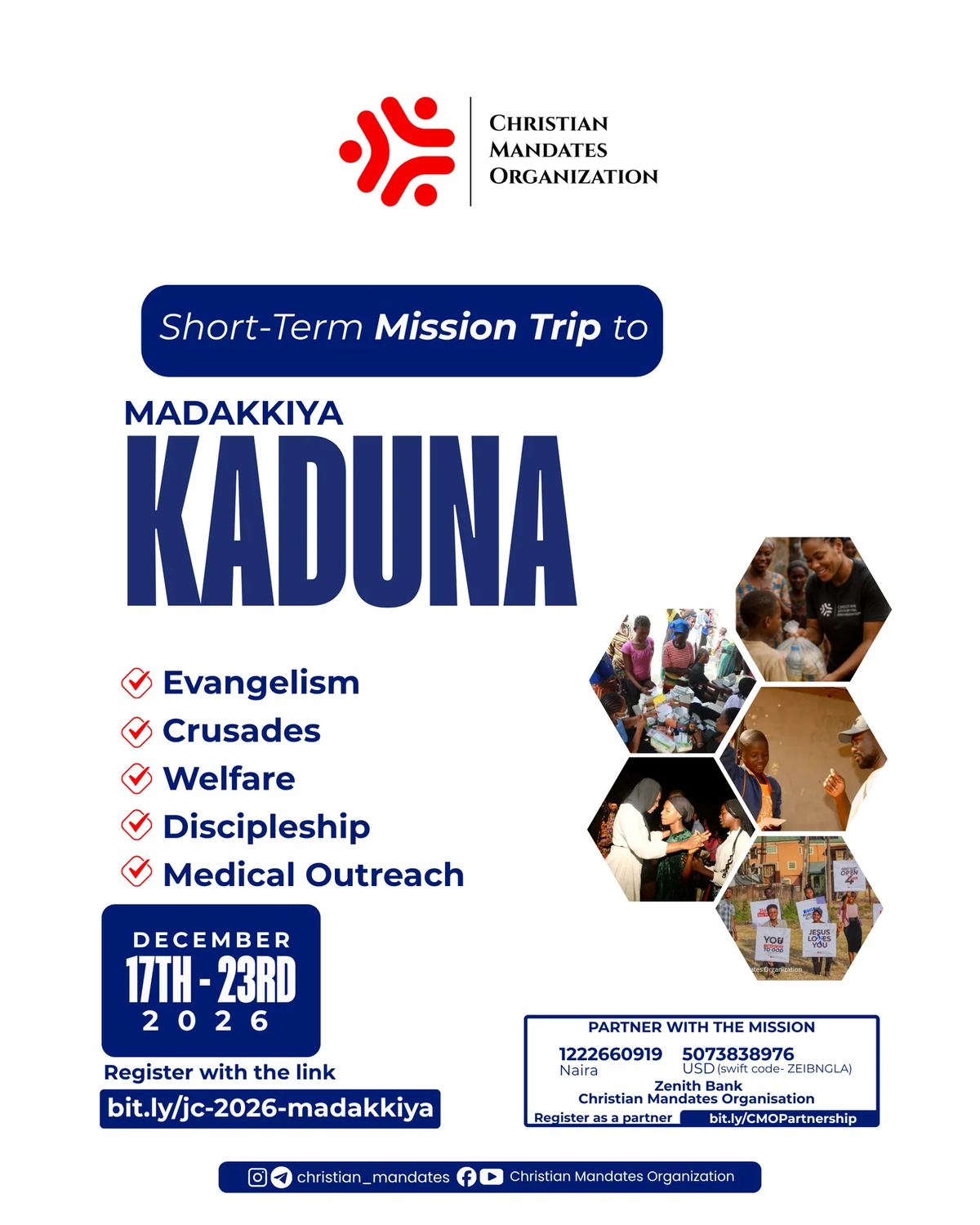Flyer for Good News Madakkiya, Jesus Campaign 2026: a short-term mission trip to Madakkiya, Kaduna State, 17 to 23 December 2026, with evangelism, crusades, welfare, discipleship and medical outreach.
