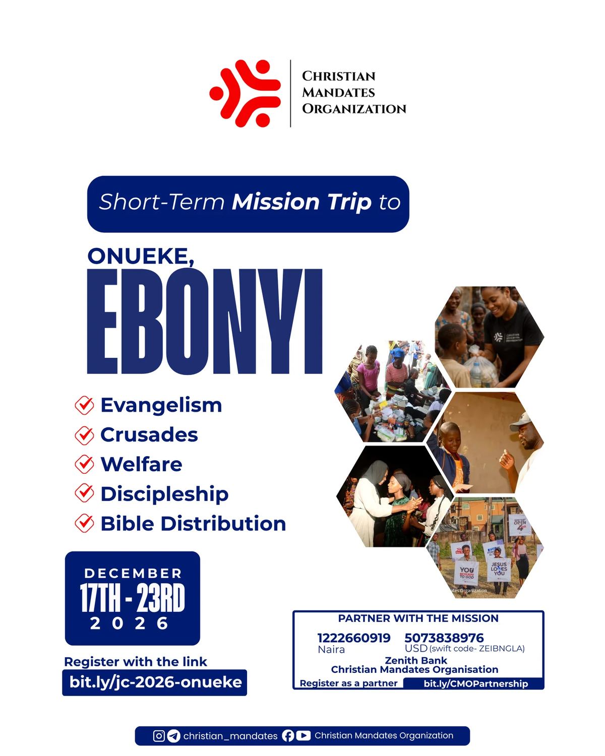 Flyer for Good News Onueke, Jesus Campaign 2026: a short-term mission trip to Onueke, Ebonyi State, 17 to 23 December 2026, with evangelism, crusades, welfare, discipleship and Bible distribution. Register at bit.ly/jc-2026-onueke.