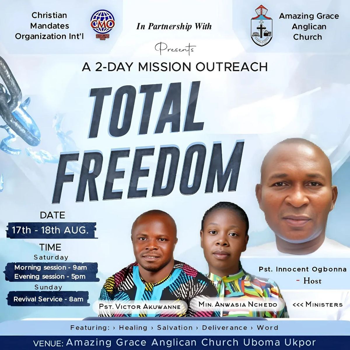 Flyer for Total Freedom, a two-day mission outreach on 17 and 18 August at Amazing Grace Anglican Church, Uboma Ukpor, with portraits of the three ministers