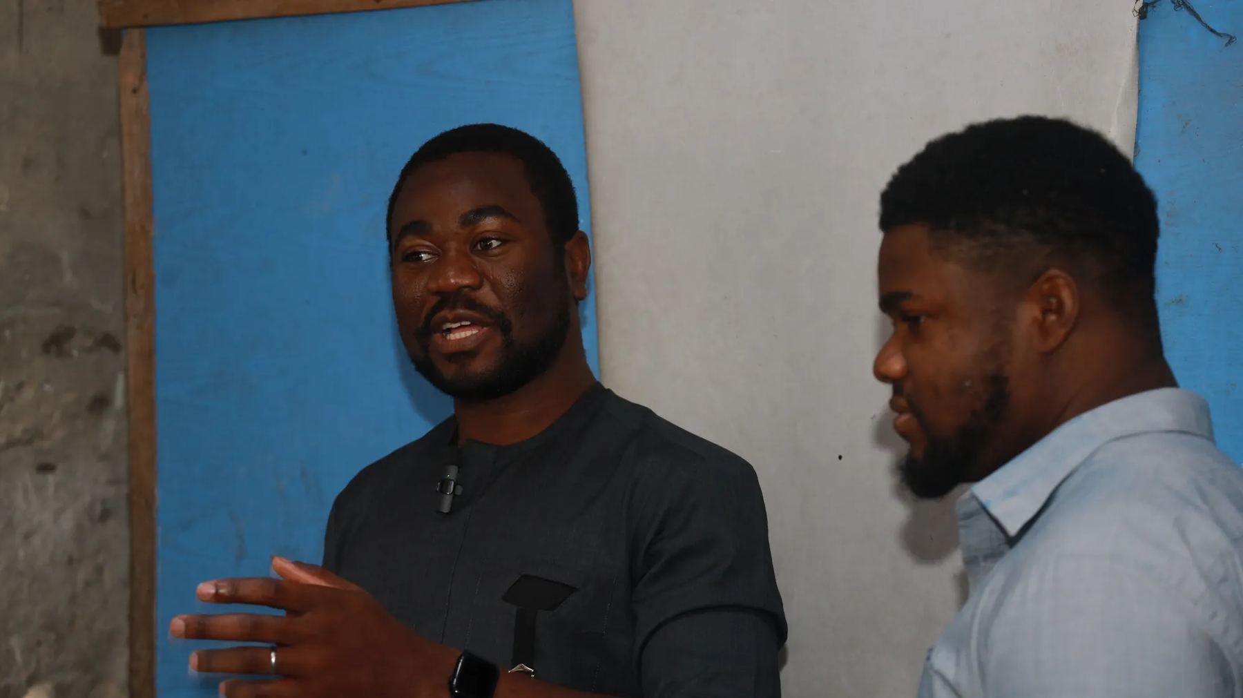 Two team members in conversation
