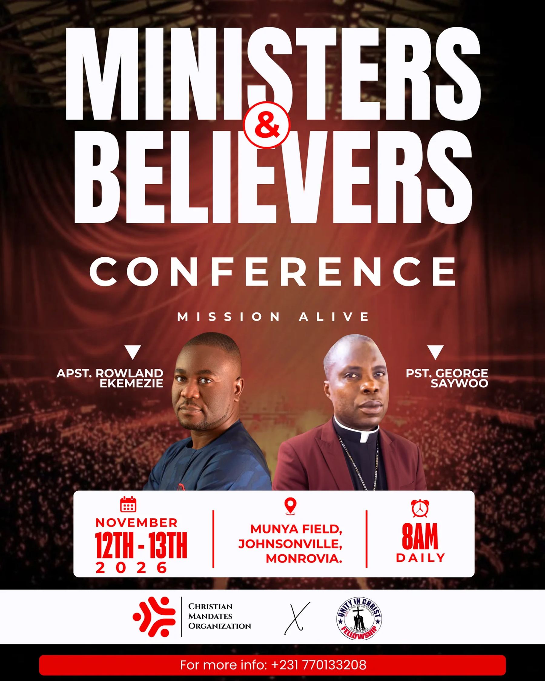 Ministers and Believers Conference flyer with speakers: 12 and 13 November 2026, 8am daily, Munya Field, Johnsonville, Monrovia.