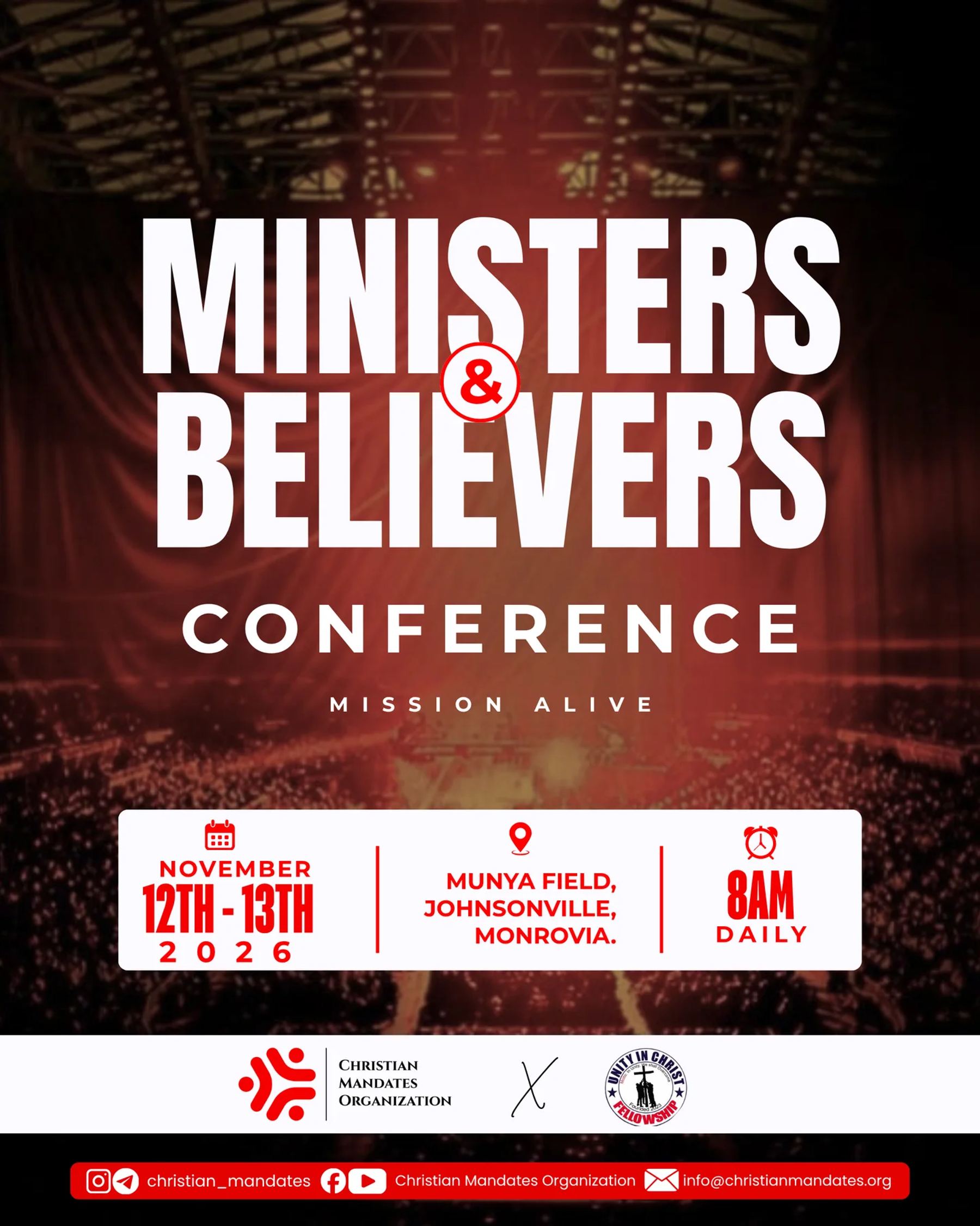 Flyer for the Ministers and Believers Conference, Mission Alive: 12 and 13 November 2026, 8am daily, Munya Field, Johnsonville, Monrovia.