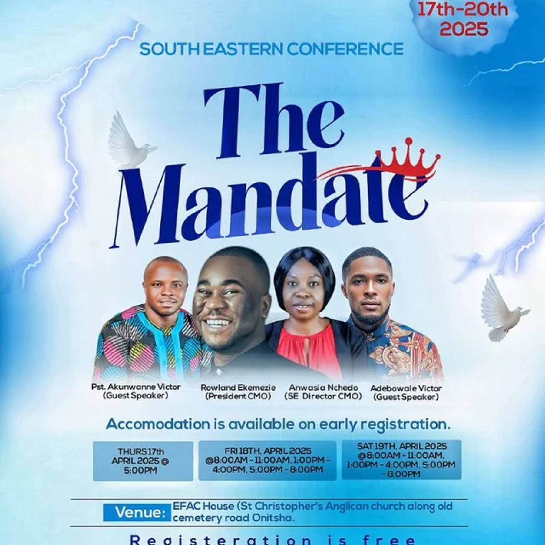Flyer for the South Eastern Conference, The Mandate, 17 to 19 April 2025 at EFAC House, St Christopher's Anglican Church, Onitsha, with Pastor Akunwanne Victor, Rowland Ekemezie (President, CMO), Anwasia Nchedo (South East Director, CMO) and Adebowale Victor. Registration is free.